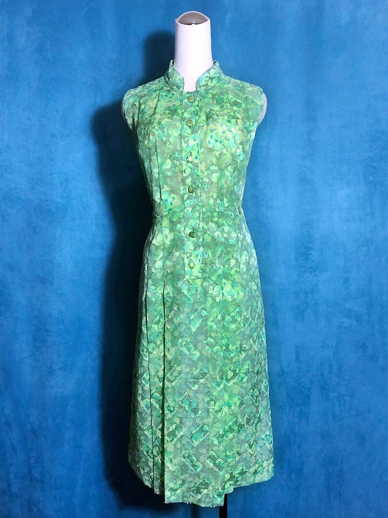 特殊領花朵織紋無袖輕古董洋裝/ 國外帶回 VINTAGE - 洋裝/連身裙 - 聚酯纖維 綠色