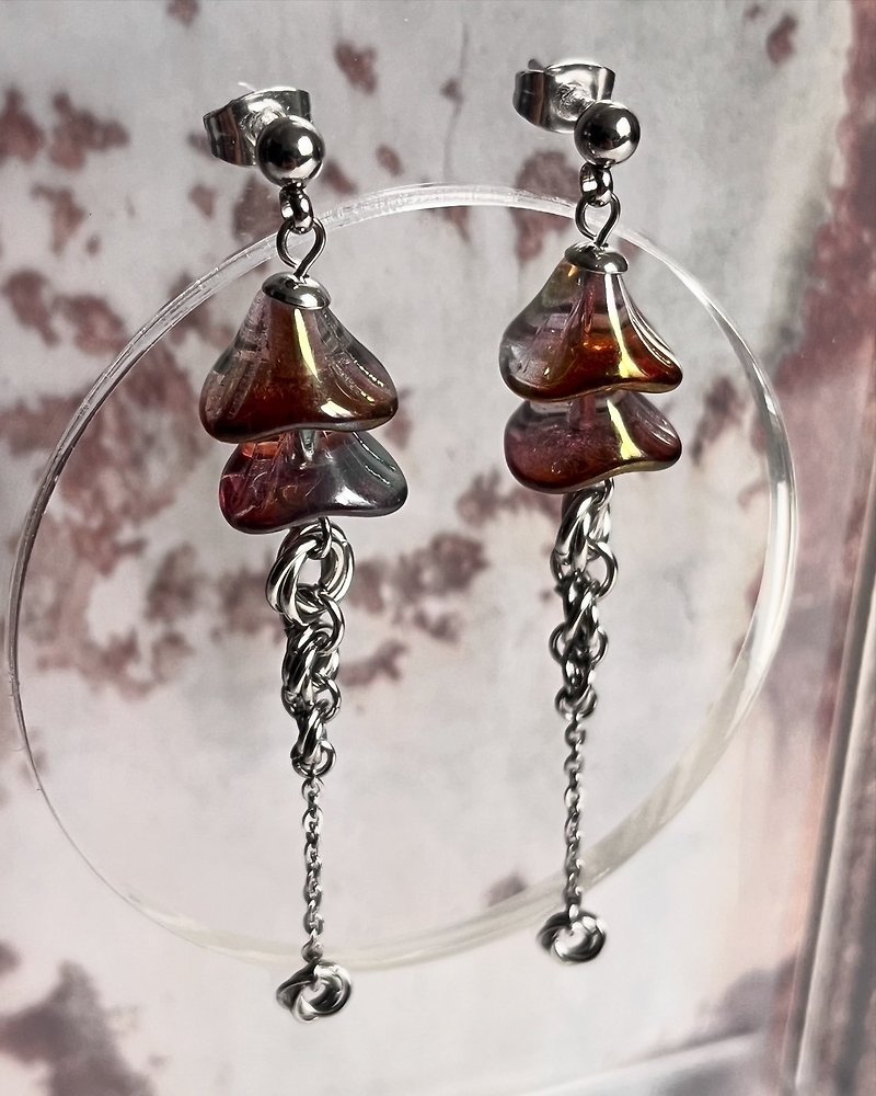 Linglan jingle flower earrings (rust) Stainless Steel earrings - Earrings & Clip-ons - Stainless Steel Red