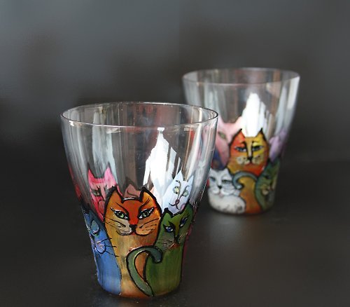 NeA Glass Ugly Funny Cats Hand-painted Glasses,Set of 2