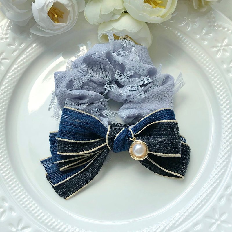 Exclusive mesh color-blocking bow scrunchie hair ring - blue black - เครื่องประดับผม - วัสดุอื่นๆ สีเทา