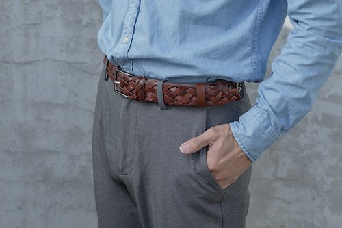 EDJO 艾德喬皮革製作所 職人手編設計 四股編織工法 真皮皮帶 編織皮帶 腰帶 - 寬度35mm
