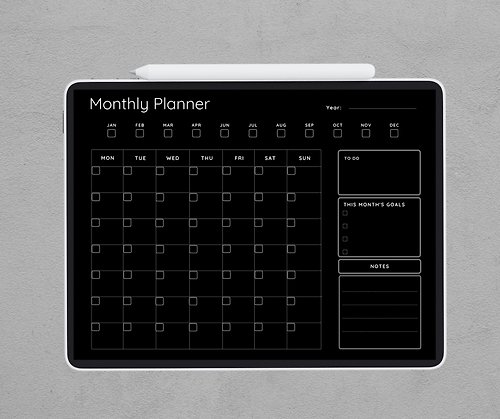 thegoodvibes Monthly Planner Goodnotes Template, Dark Mode Monthly Planner Page