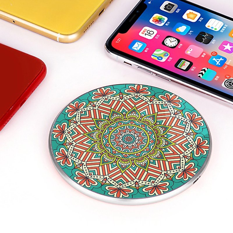 15wMandalan Floral Print 2 Round Pattern Wireless Qi Charger - Phone Charger Accessories - Other Metals Green