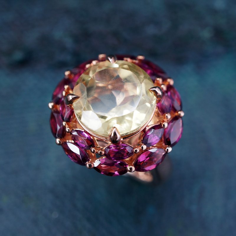 花園 - 檸檬晶 配 紫紅石榴石 純銀 電18K 玫瑰金 戒指 - 戒指 - 寶石 黃色