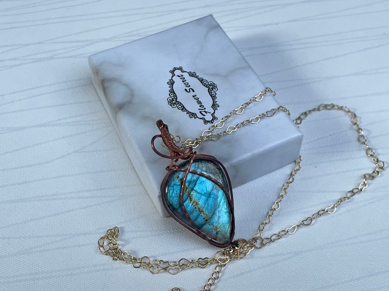 220726 wire wrapping 拉長石 銅線 繞線 吊墮 - 項鍊 - 銅/黃銅 藍色