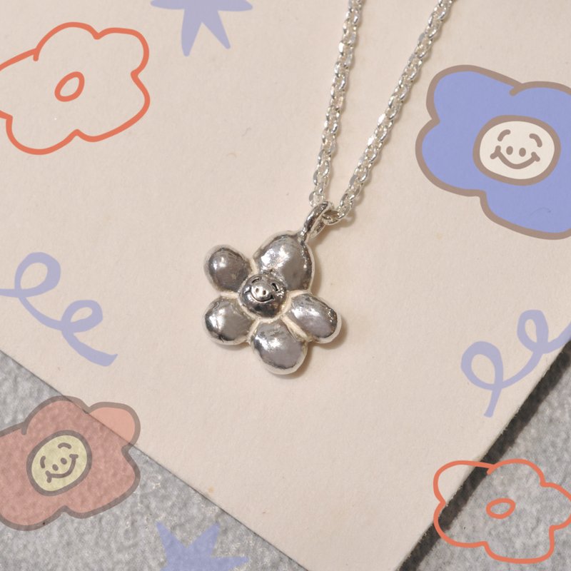 Er Mao Silver x Flesh Character-[Little Daisy Smiling Face-Necklace] - สร้อยคอ - เงินแท้ สีเงิน