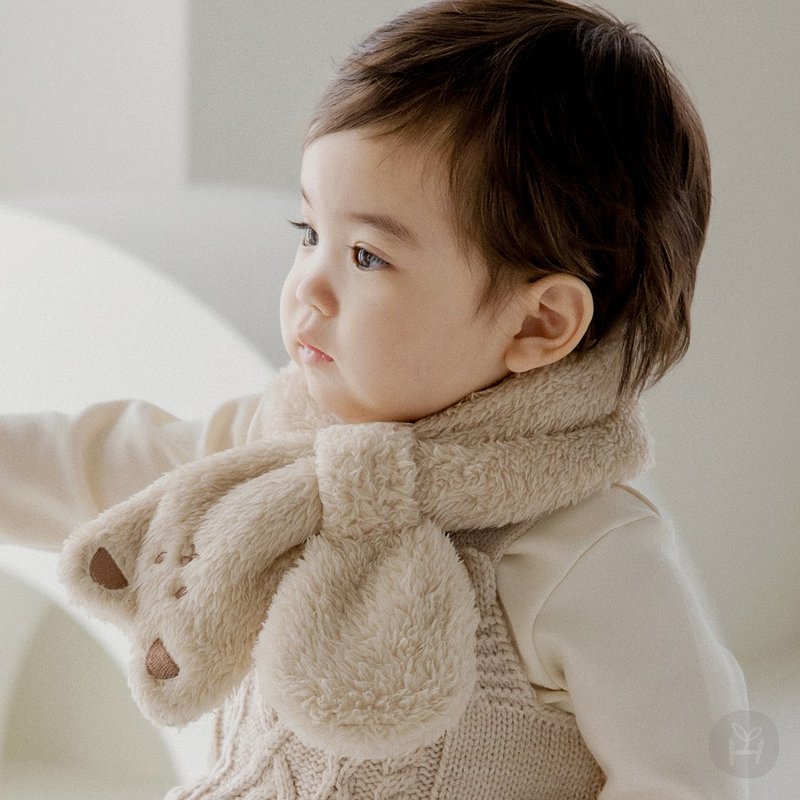 Happy Prince Made in Korea Willa Bear Snow Velvet Lined Baby Scarf - Bibs - Cotton & Hemp Khaki