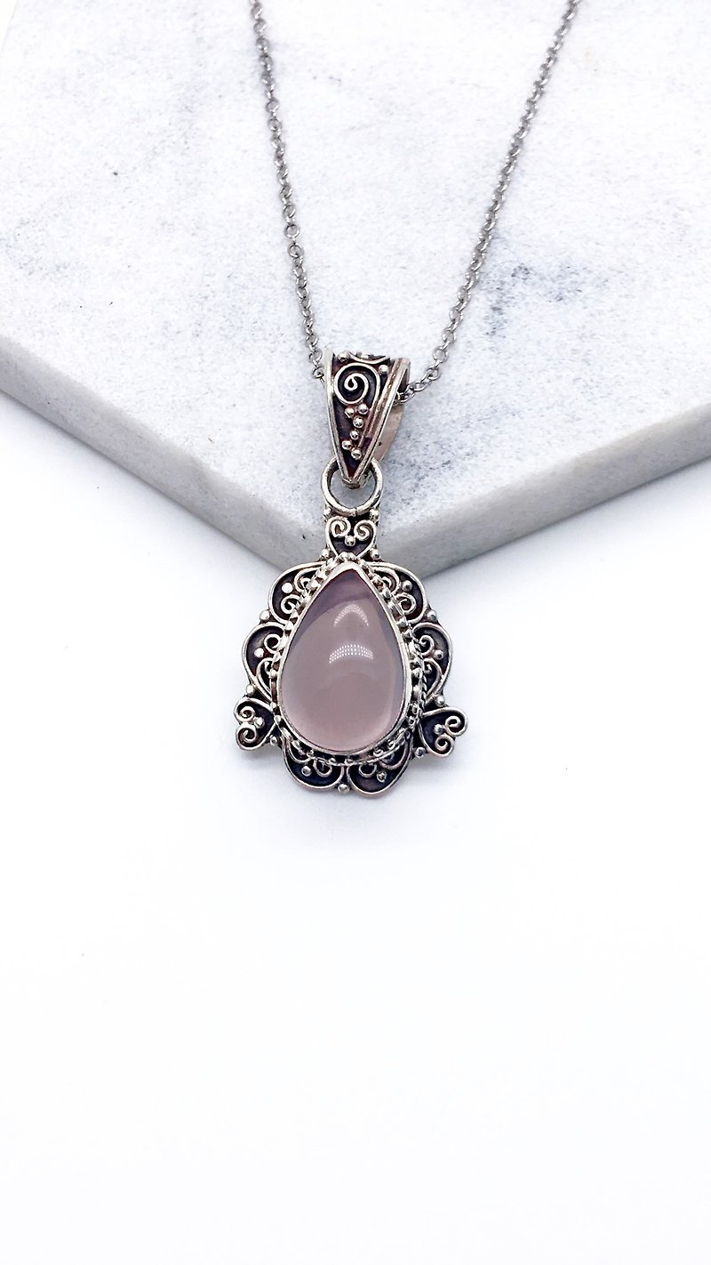 粉水晶925純銀重工心形鑲邊項鍊 尼泊爾手工鑲嵌製作-款式4 - 項鍊 - 寶石 粉紅色