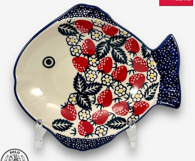 優先配送 ポーランド手描き陶器 魚型プレート 19cm ワイルドストロベリー 工芸品