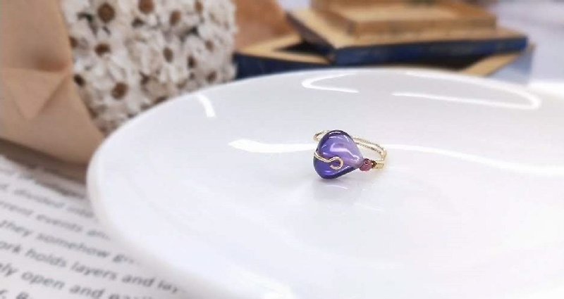 耳環。心型紫水晶*紅石榴石黃銅耳骨夾 - 耳環/耳夾 - 銅/黃銅 紫色