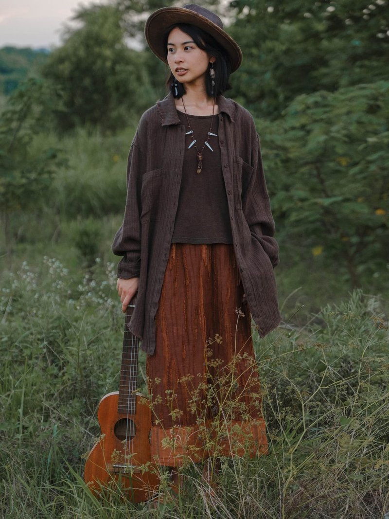 咖啡色 條紋亞麻長袖襯衫 寬鬆復古百搭長款襯衣 - 女襯衫 - 棉．麻 咖啡色