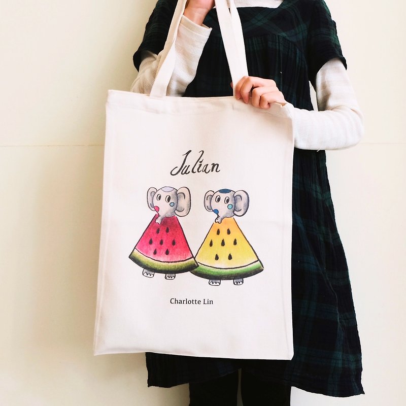 [Charlotte Lin Lin Xiaorou] Canvas Bag・Watermelon Twin Style - กระเป๋าถือ - ผ้าฝ้าย/ผ้าลินิน 