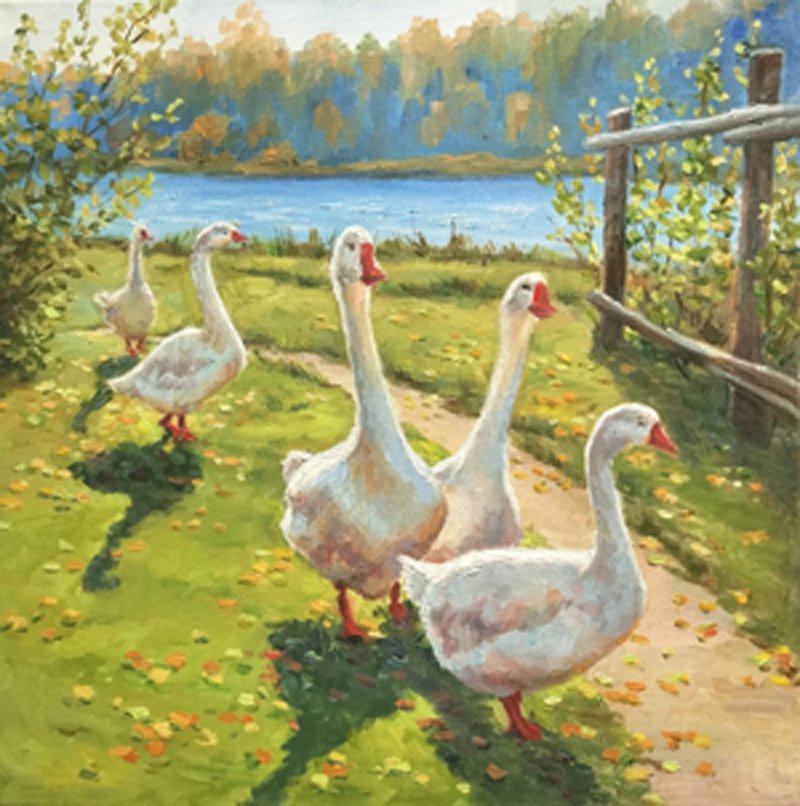 Geese Rural Landscape Oil Painting Original Summer Painting Handmade - 海報/掛畫/掛布 - 其他材質 綠色