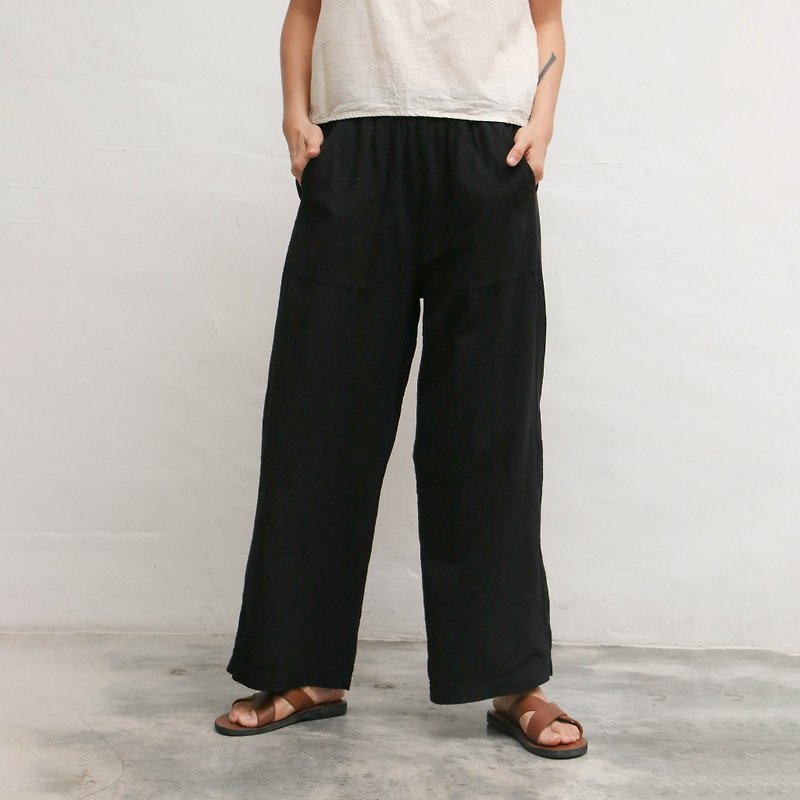 Square stitched pocket wide pants black - Women's Pants - Cotton & Hemp Black