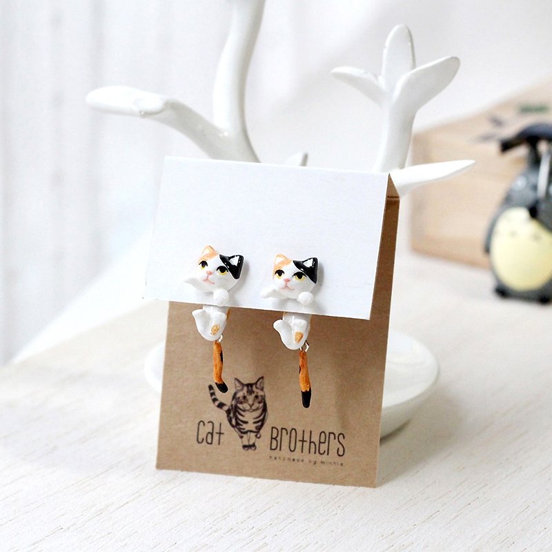 Calico Cat Earrings, Gauge & Plug Earrings, Two Piece Earrings - ต่างหู - ดินเหนียว หลากหลายสี