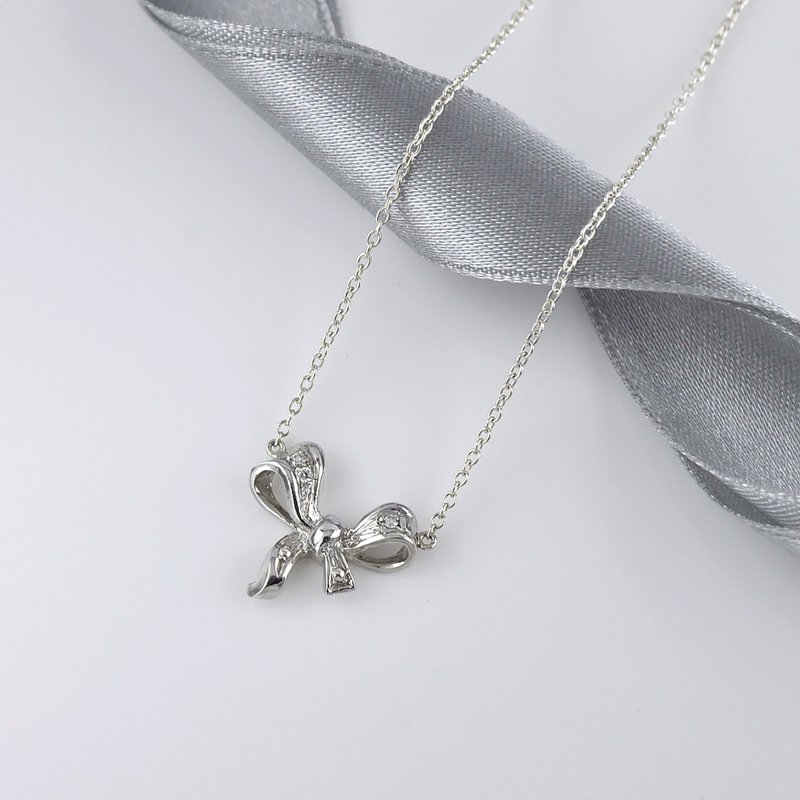 Sterling Silver Bow Necklace with CZ, SV925 - Necklaces - Sterling Silver Silver