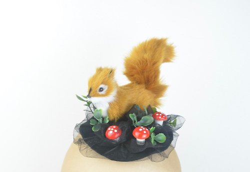 Elle Santos Headpiece Cute Squirrel, Bright Red Mushrooms & Black Veil Woodland Fairy Kawaii