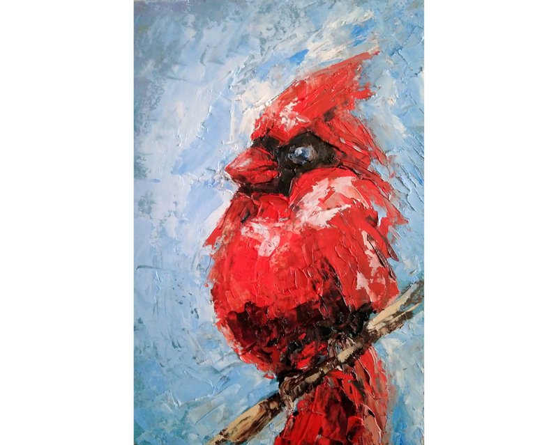 Cardinal Original Painting, Bird Wall Art, Animal Artwork, Mini Picture, 手工油畫 - 海報/掛畫/掛布 - 其他材質 多色