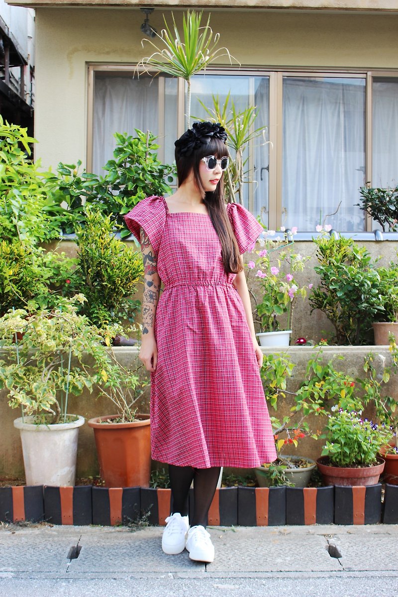F1501 (Vintage) vintage red plaid short-sleeved cotton dress - One Piece Dresses - Other Materials Red