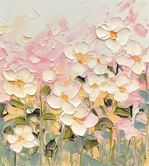 純粋な手描きのヨーロッパの厚い油の質感の抽象的な花 Amazon | 白いユリと空色の葉 数字油絵 超リアルな花のイラスト