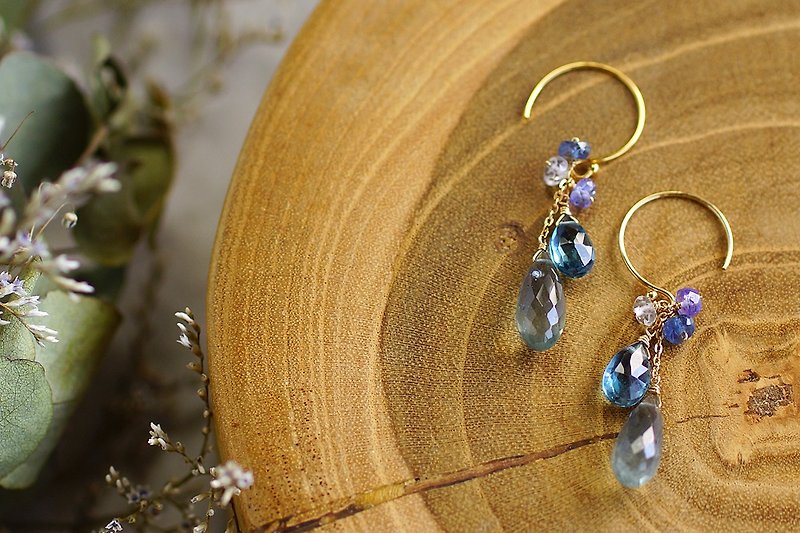 14kgf-Moss Aquamarine and London Blue Earrings - Earrings & Clip-ons - Semi-Precious Stones Blue
