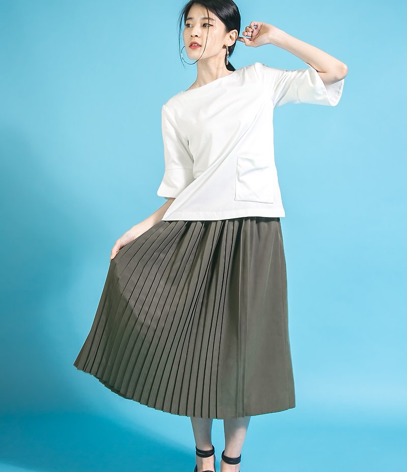 Asymmetry medium asymmetric pleated skirt_6SF202_olive green - Skirts - Cotton & Hemp Green