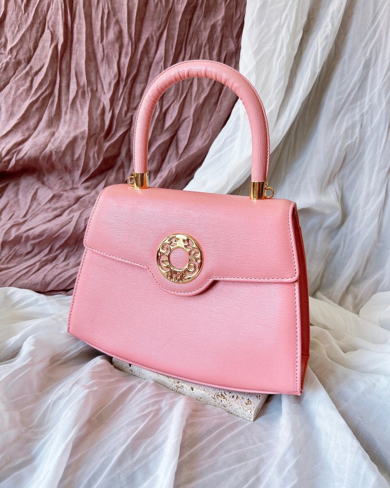 [Secondary Bag Vintage] Hanae Mori Pink Gold Ring Fan-shaped Antique Bag丨Portable Side Back - กระเป๋าแมสเซนเจอร์ - หนังแท้ สึชมพู