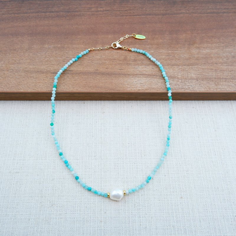 Freshwater Pearl and Amazonite stone short necklace - 項鍊 - 石頭 藍色