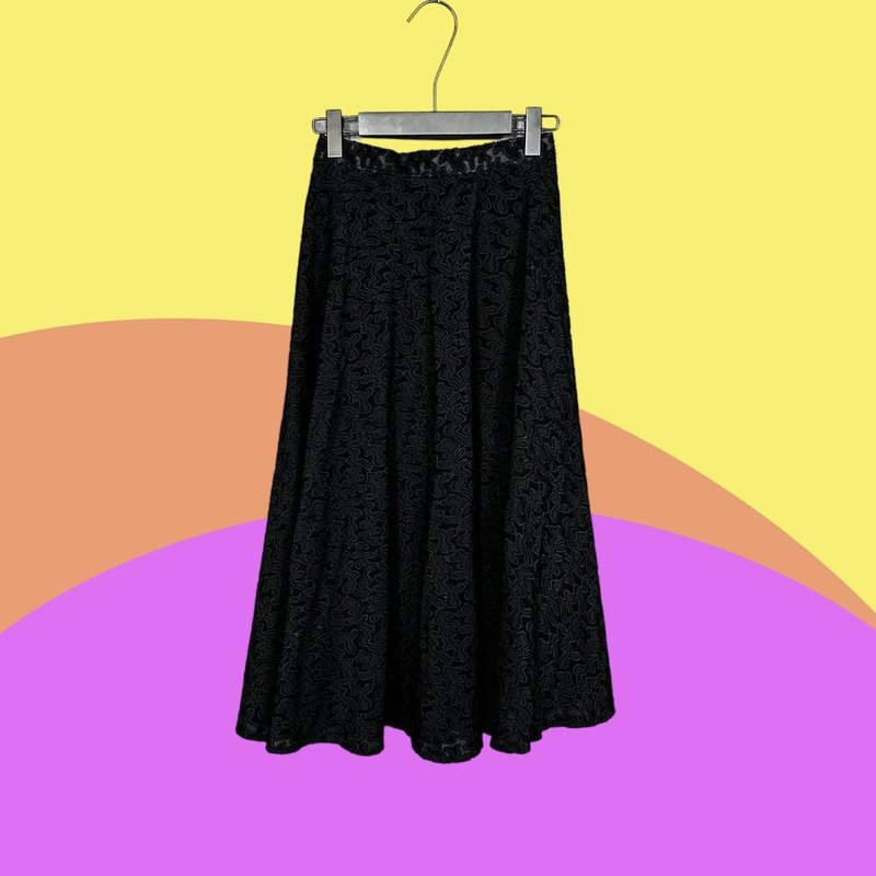 Second-hand black jacquard furry non-elastic high-waisted long skirt CA417 - กระโปรง - เส้นใยสังเคราะห์ สีดำ