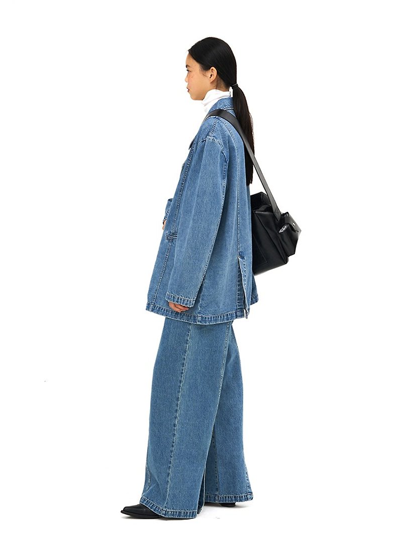 Mondrian vintage washed denim wide pants - กางเกงขายาว - ผ้าฝ้าย/ผ้าลินิน สีน้ำเงิน