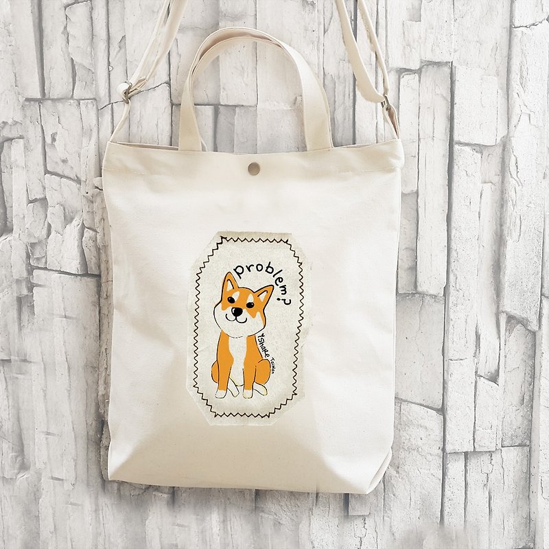 Chai dog no dye A4 hand sewing sewing canvas bag / oblique bag / shoulder bag - Messenger Bags & Sling Bags - Cotton & Hemp White