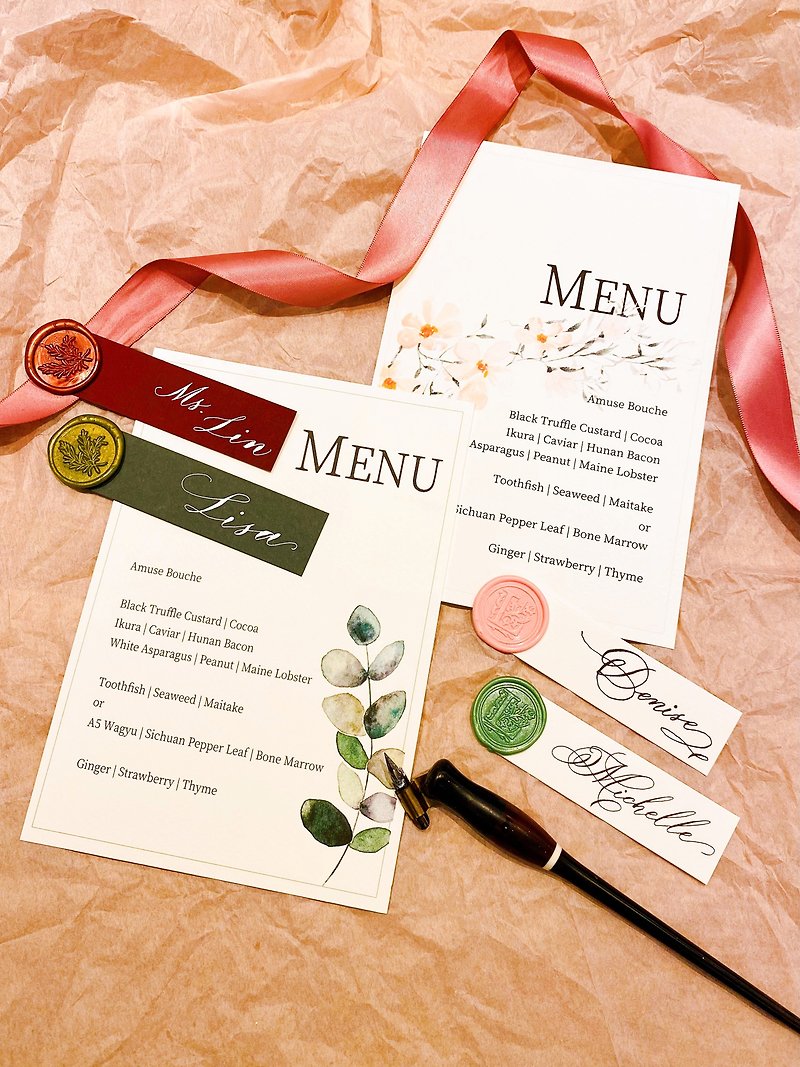 【客製菜單與手寫名牌套組】粉色小花與尤加利葉 - 貼紙 - 紙 多色