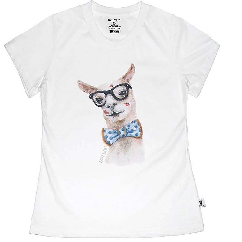 British Fashion Brand -Baker Street- Kissy Alpaca Printed T-shirt - เสื้อยืดผู้หญิง - ผ้าฝ้าย/ผ้าลินิน ขาว