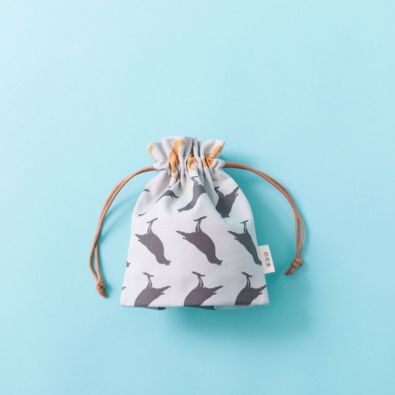 Small Purse-String Bag / Crested Myna No.5 / Mineral Grey - Toiletry Bags & Pouches - Cotton & Hemp 