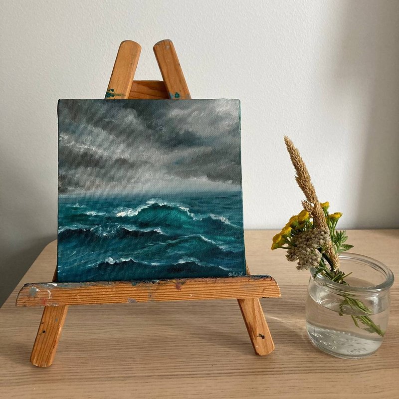 Small Ocean Painting, Oil On Canvas, Mini Oil Art, Small Seascape Decor - 壁貼/牆壁裝飾 - 其他材質 藍色