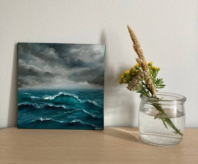 小さな海の絵画、キャンバスに油彩、ミニ油絵、小さな海の装飾