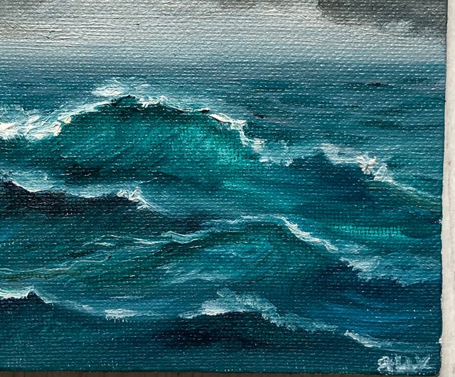 小さな海の絵画、キャンバスに油彩、ミニ油絵、小さな海の装飾