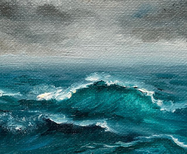 Ocean wave mini canvas painting 4×4 inches with mini easel