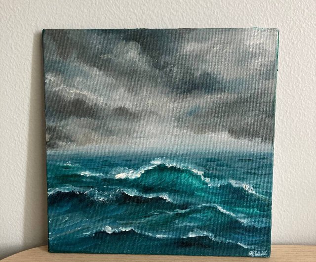 Ocean wave mini canvas painting 4×4 inches with mini easel