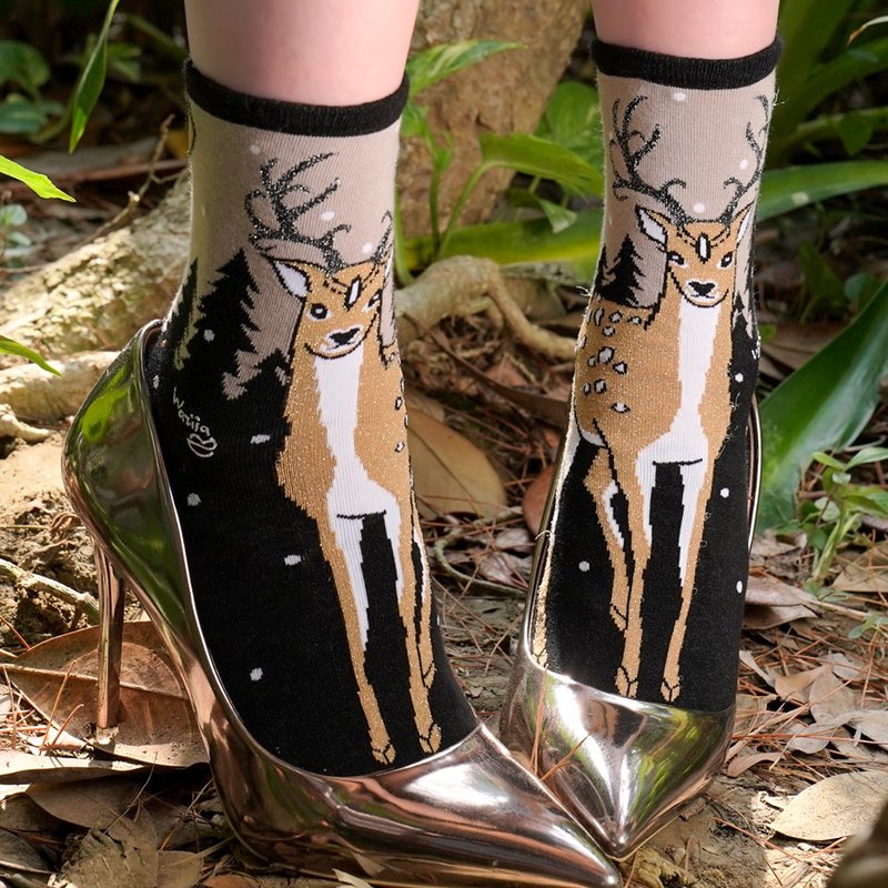 [Dark Elf] Mystery Deer-Luxury and Fine Glitter Fawn 1/2 Socks-Thin Socks, Cotton Socks, Women's Socks - ถุงเท้า - ผ้าฝ้าย/ผ้าลินิน สีกากี