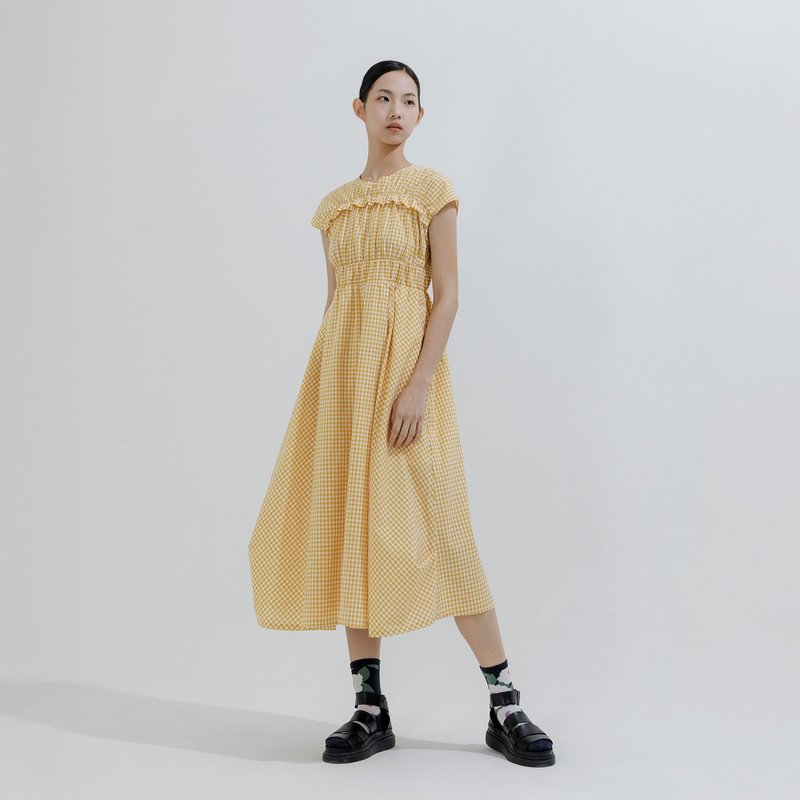 Small square waist long dress - One Piece Dresses - Cotton & Hemp Yellow