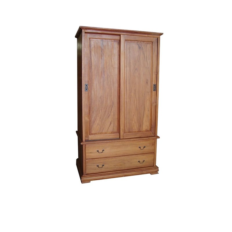 [Jidi City 100% Teak Furniture] ETBA001A Teak Double Sliding Door Wardrobe Storage Cabinet - ตู้เสื้อผ้า - ไม้ สีนำ้ตาล