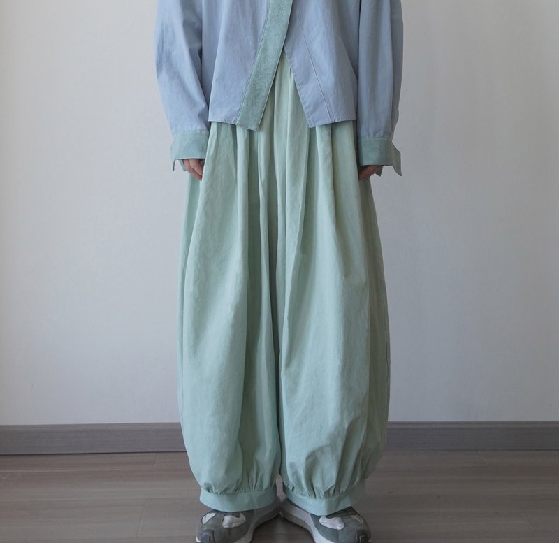 【100%40支冰花棉】歐式中性復古燈籠褲 - 女長褲 - 棉．麻 綠色