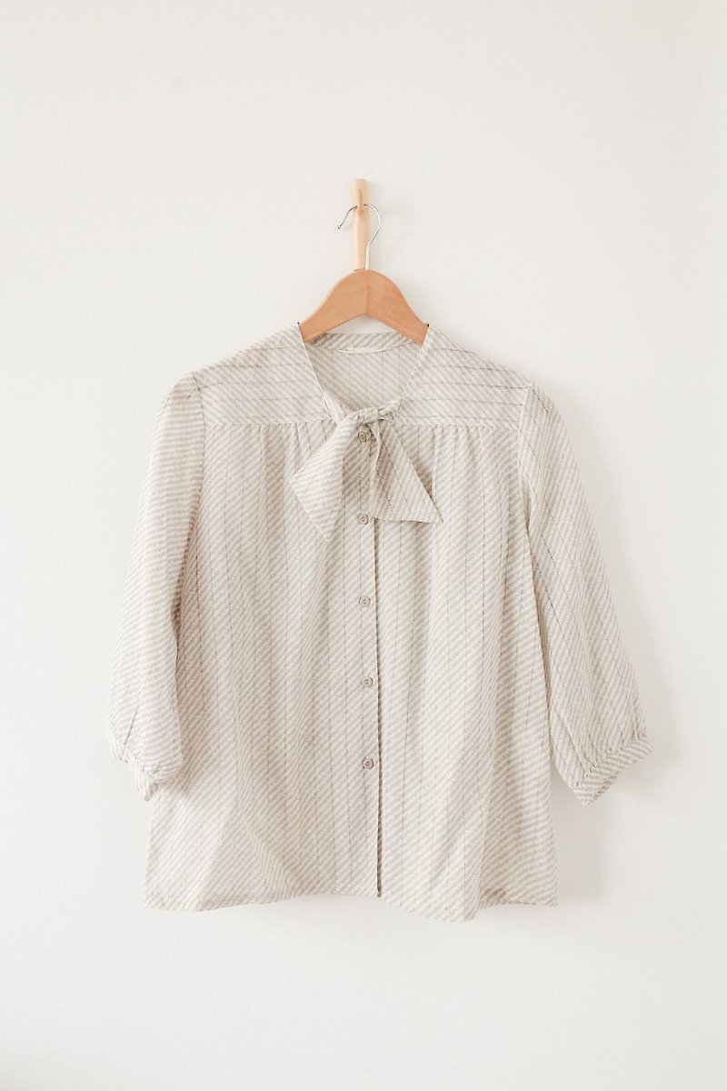 Vintage / White Translucent Stripe Top with Tie - Women's Shirts - Polyester Gray
