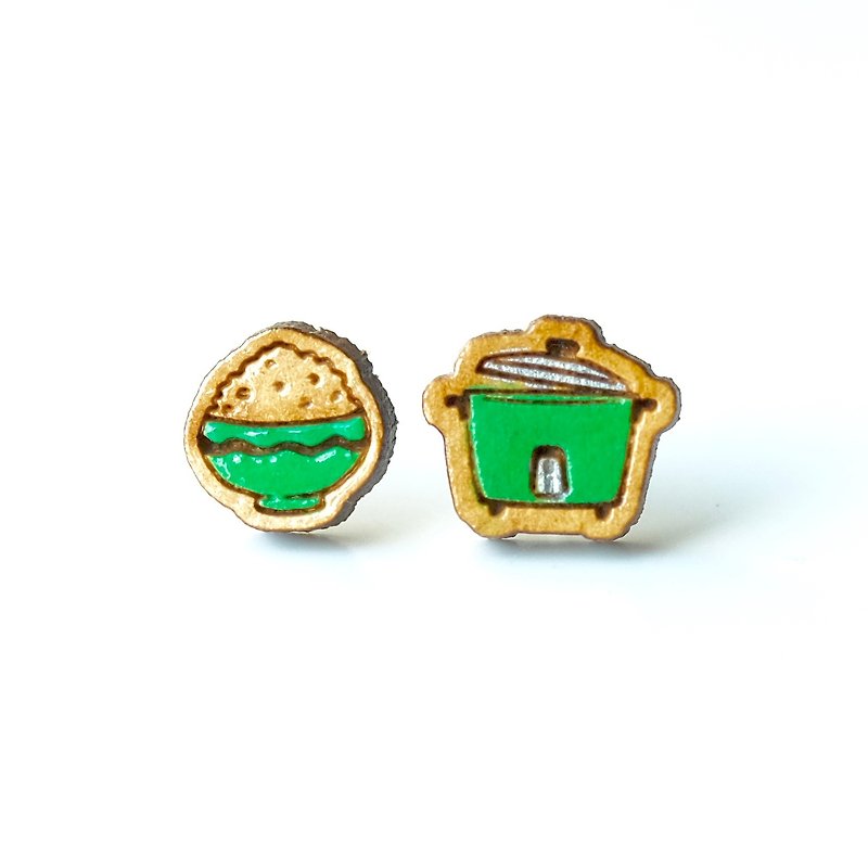 彩繪木耳環-電鍋&飯 (綠) - 耳環/耳夾 - 木頭 綠色