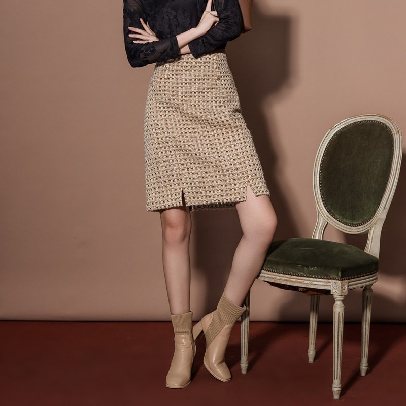 【MEDUSA】Knitted Webbing Edge Wool Tweed Suite Skirt - Skirts - Wool Khaki