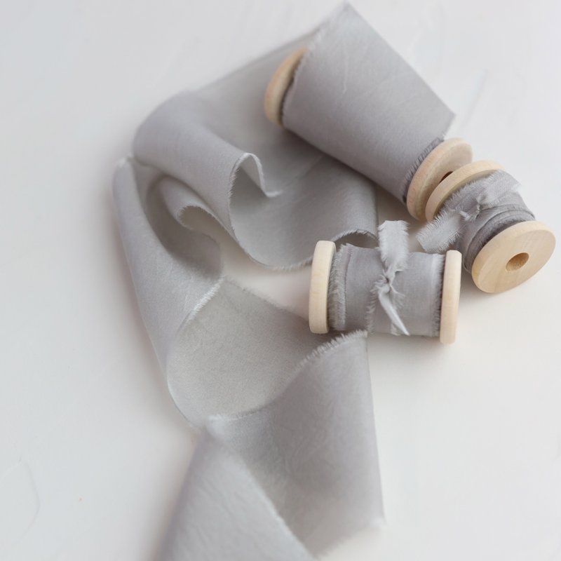 Soft Gray Silk Ribbon / Hand Dyed Silk ribbon on Wood Spool - วัสดุห่อของขวัญ - ผ้าไหม สีเทา