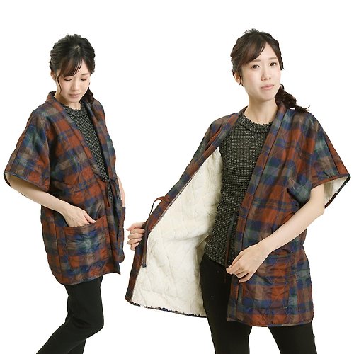 fuukakimono 半纏 外套 罩衫 日本 日式 絎縫半纏外套 和服 F 格紋/棕色