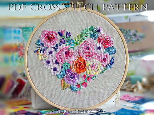 LittleRoomInTheAttic Wild Roses Heart - PDF cross stitch pattern