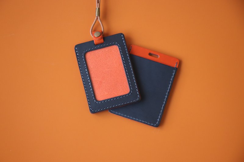 Orange and Blue Contrast Color | Double-layer Vegetable Tanned Leather Identification Card Holder 2.0 | GOGORO Card Holder - ที่ใส่บัตรคล้องคอ - หนังแท้ หลากหลายสี